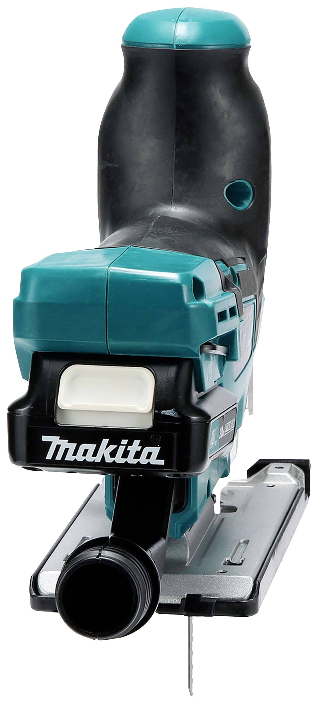 Makitas blå och svarta elsticksåg med ergonomiskt handtag och synligt sågblad, lämplig för precisionskapning.