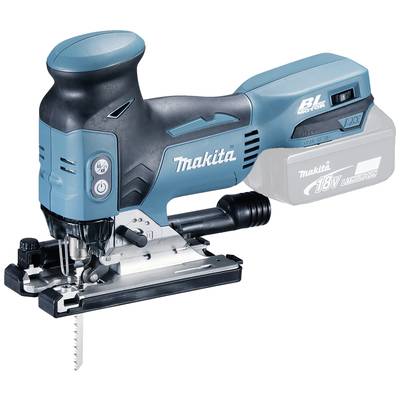 Batteridriven sticksåg från Makita med blå-svart hölje och olika inställningsknappar, perfekt för träkapning.