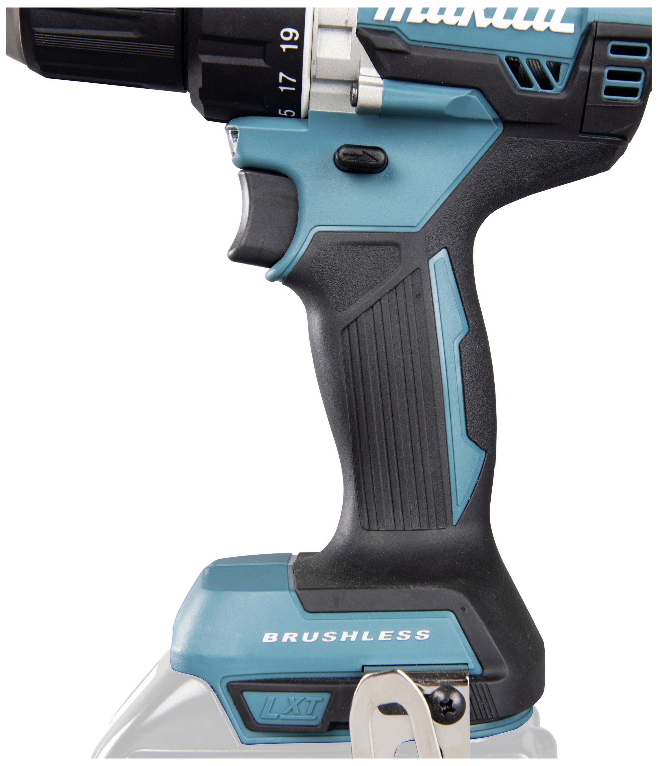 En blå-svart sladdlös skruvdragare, hållen vertikalt, med ett ergonomiskt handtag och texten 'BRUSHLESS' på höljet.