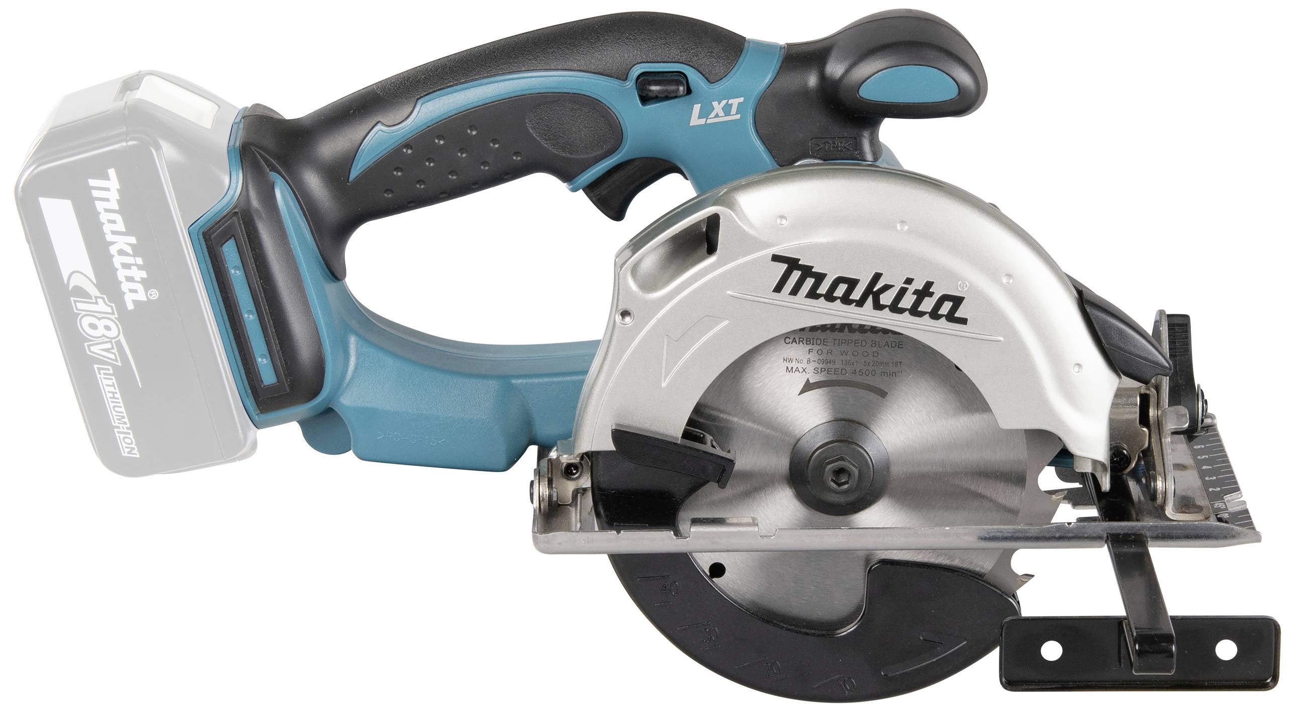 En sladdlös handcirkelsåg med grå sågbord och blått handtag. Makita-logotypen syns på höljet.