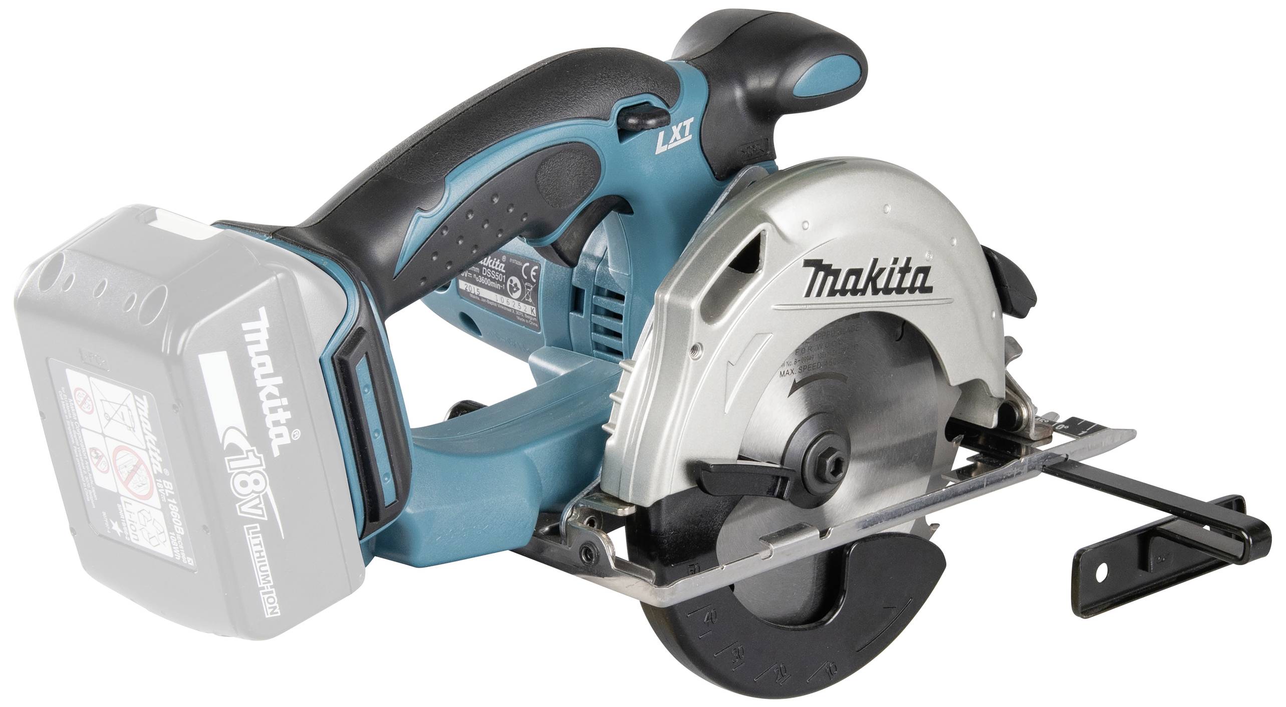 Sladdlös cirkelsåg med 18V-batteri från Makita, huvudsakligen i blått och svart, med runt sågblad för träarbeten.