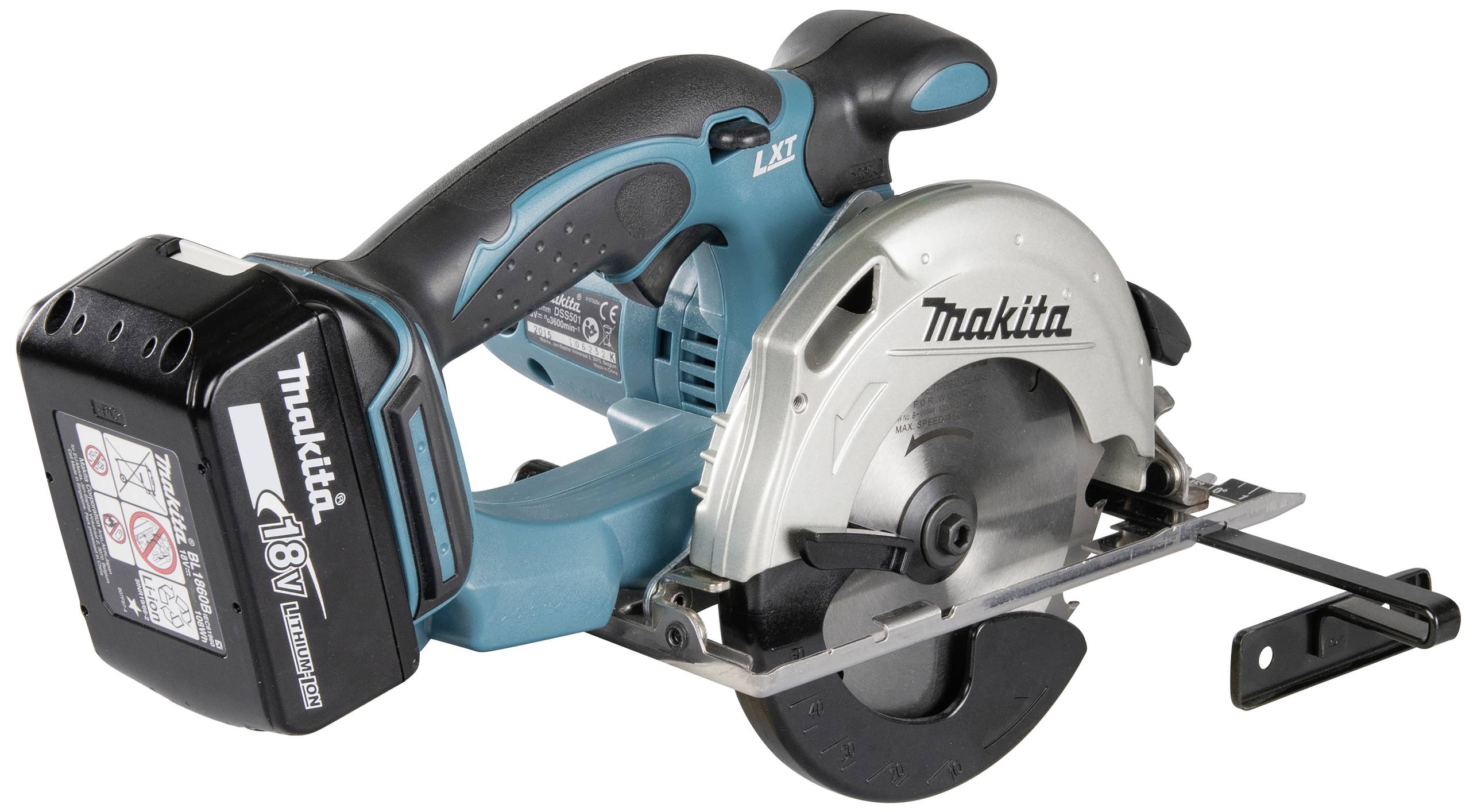 Makita sladdlös cirkelsåg med 18V litiumjonbatteri, lämplig för precisionskapning av trämaterial.