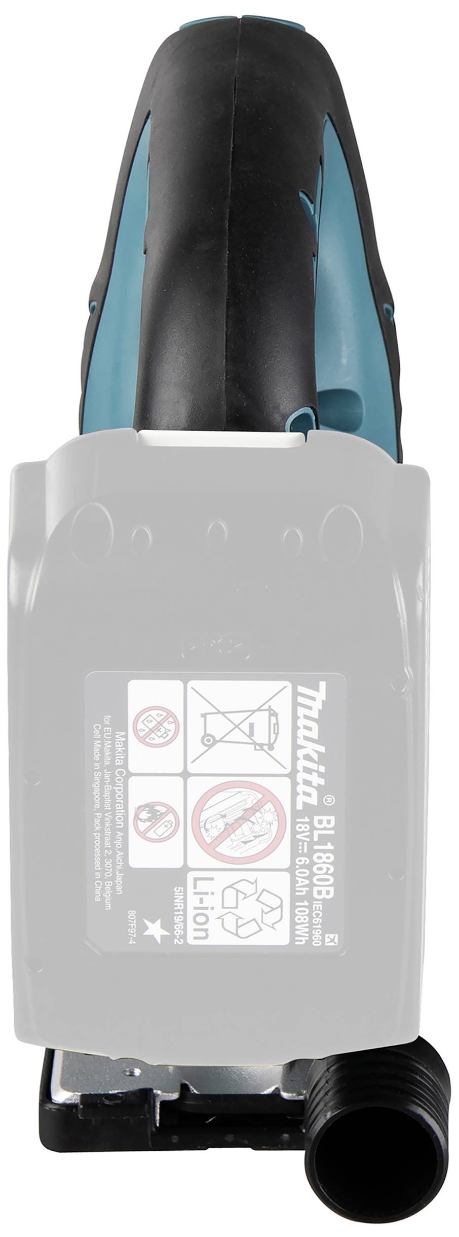 Handhållen dammsugare sedd uppifrån med grå batteri, halkfritt handtag, modell- och varningstexter på batteriluckan.