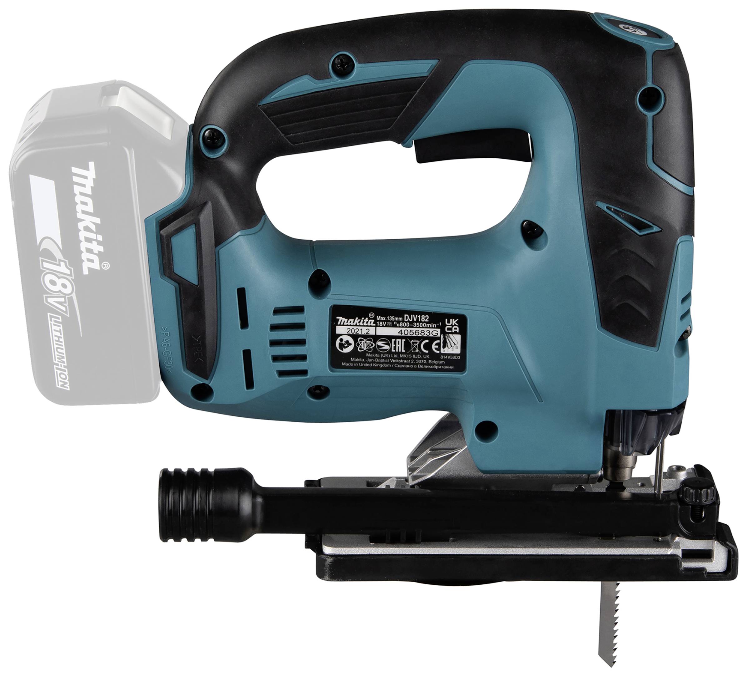 Sladdlös sticksåg i blått med svart handtag presenteras. Batteri antytt vid sidan. Modell: Makita DJV182.