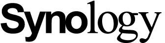 Synology-logotyp i svart text på vit bakgrund.
