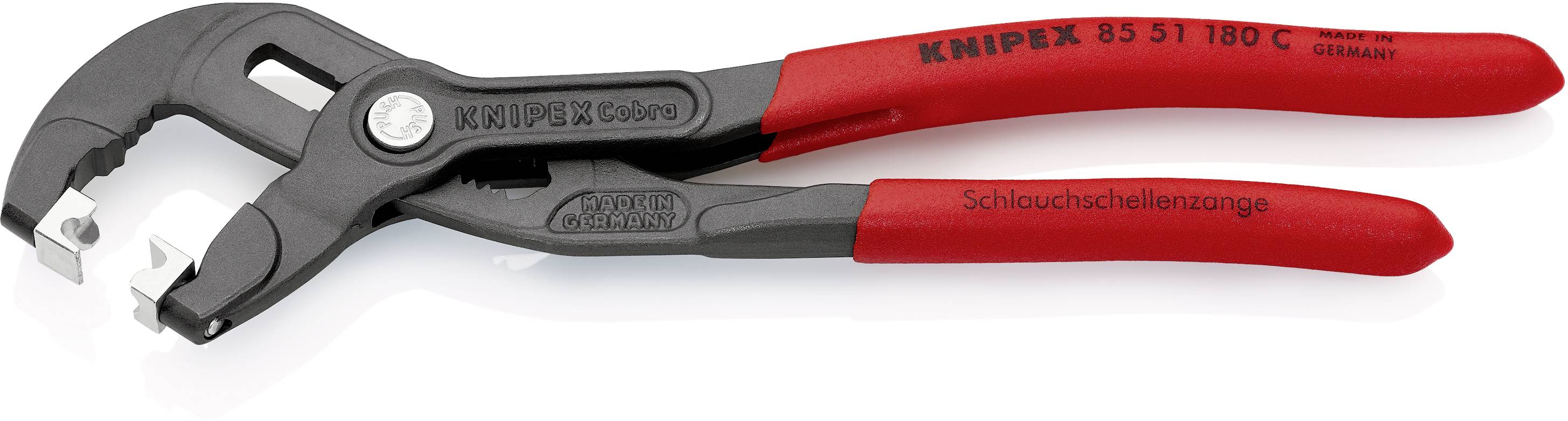 Slangklämtång från Knipex med röda handtag, för säkert grepp och öppnande av slangklämmor i olika tillämpningar.