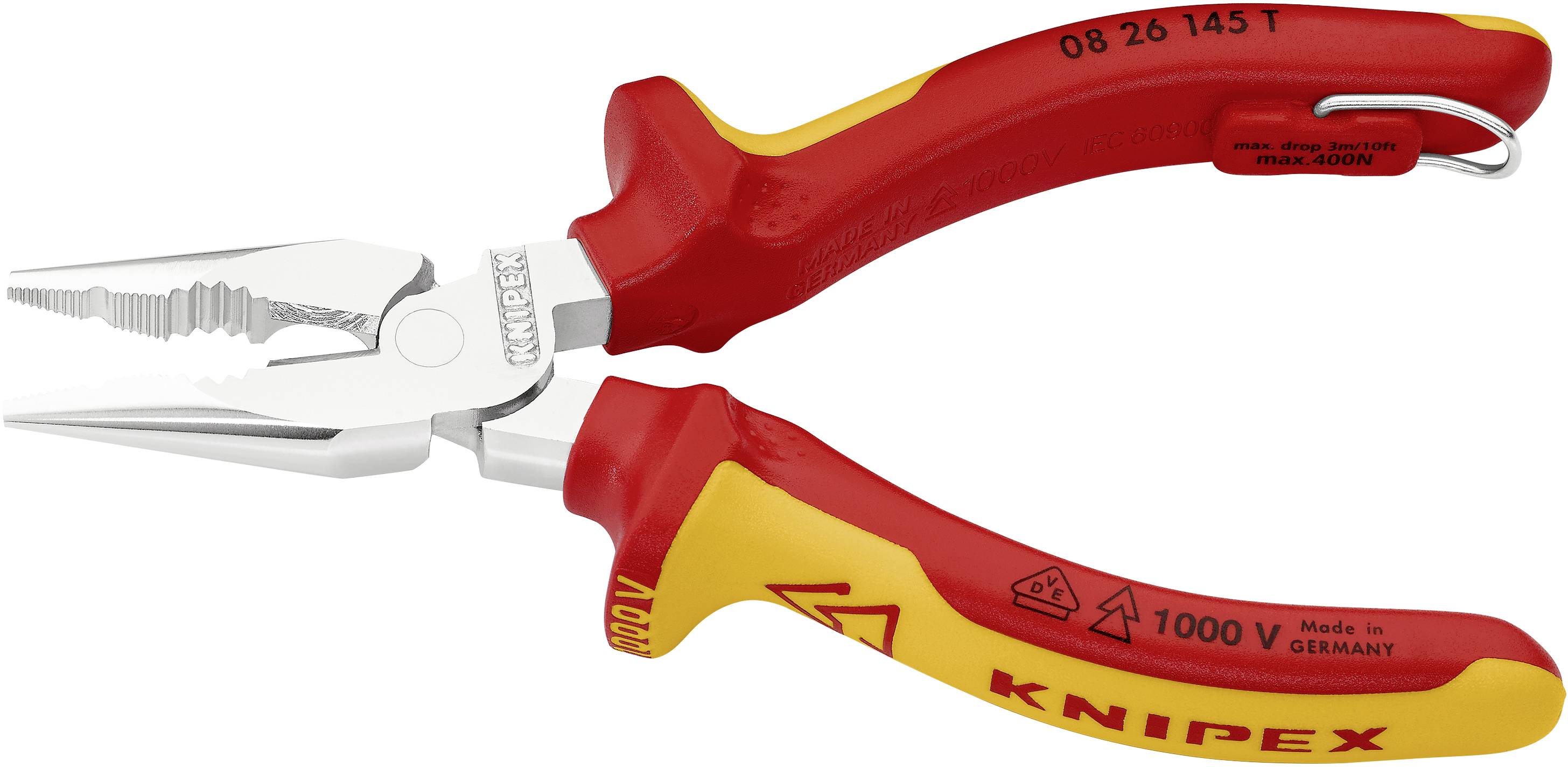 Elektrikertång från Knipex med isolerat handtag, lämplig för arbeten upp till 1000 V, röd-gul design, tillverkad i Tyskland.