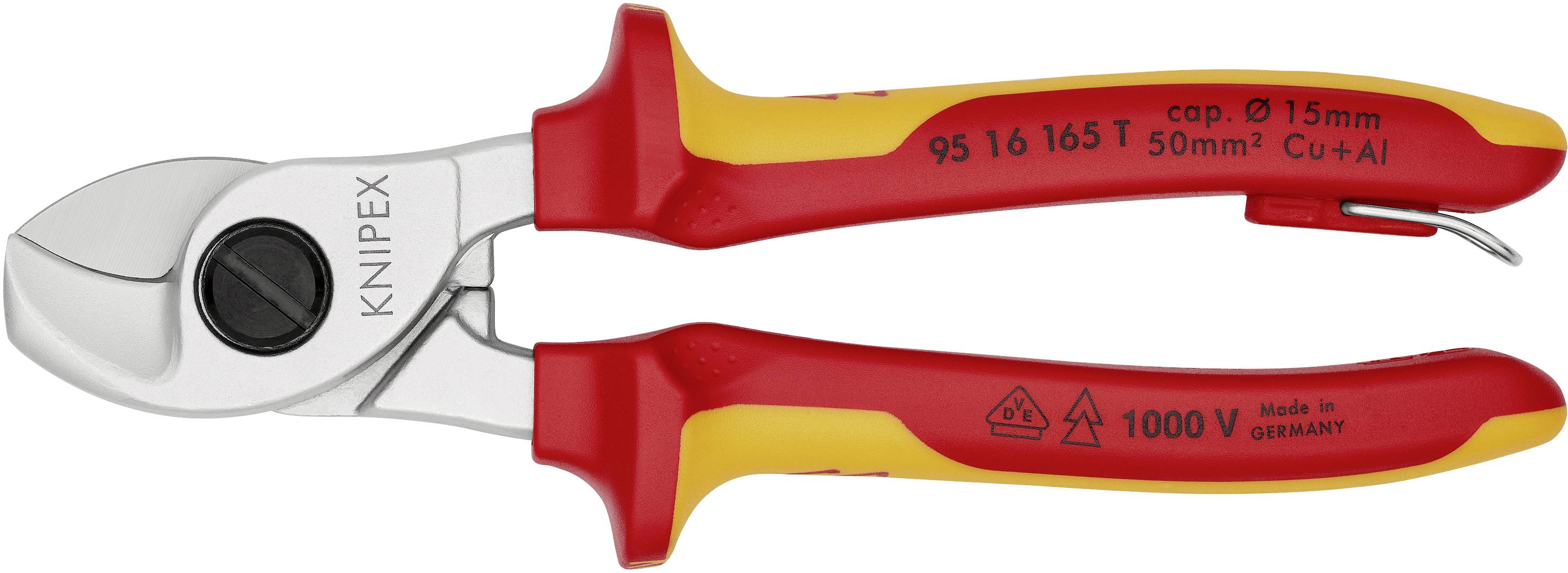 Bilden visar en röd och gul kabelsax från märket KNIPEX, lämplig för att klippa kablar upp till 15 mm i diameter.