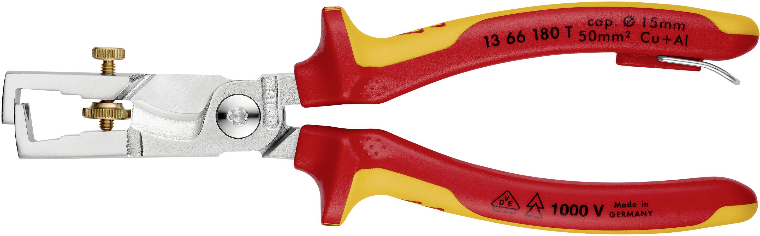 En röd och gul avisoleringstång, lämplig för kablar upp till 50 mm², med isolering upp till 1000 V, tillverkad i Tyskland.