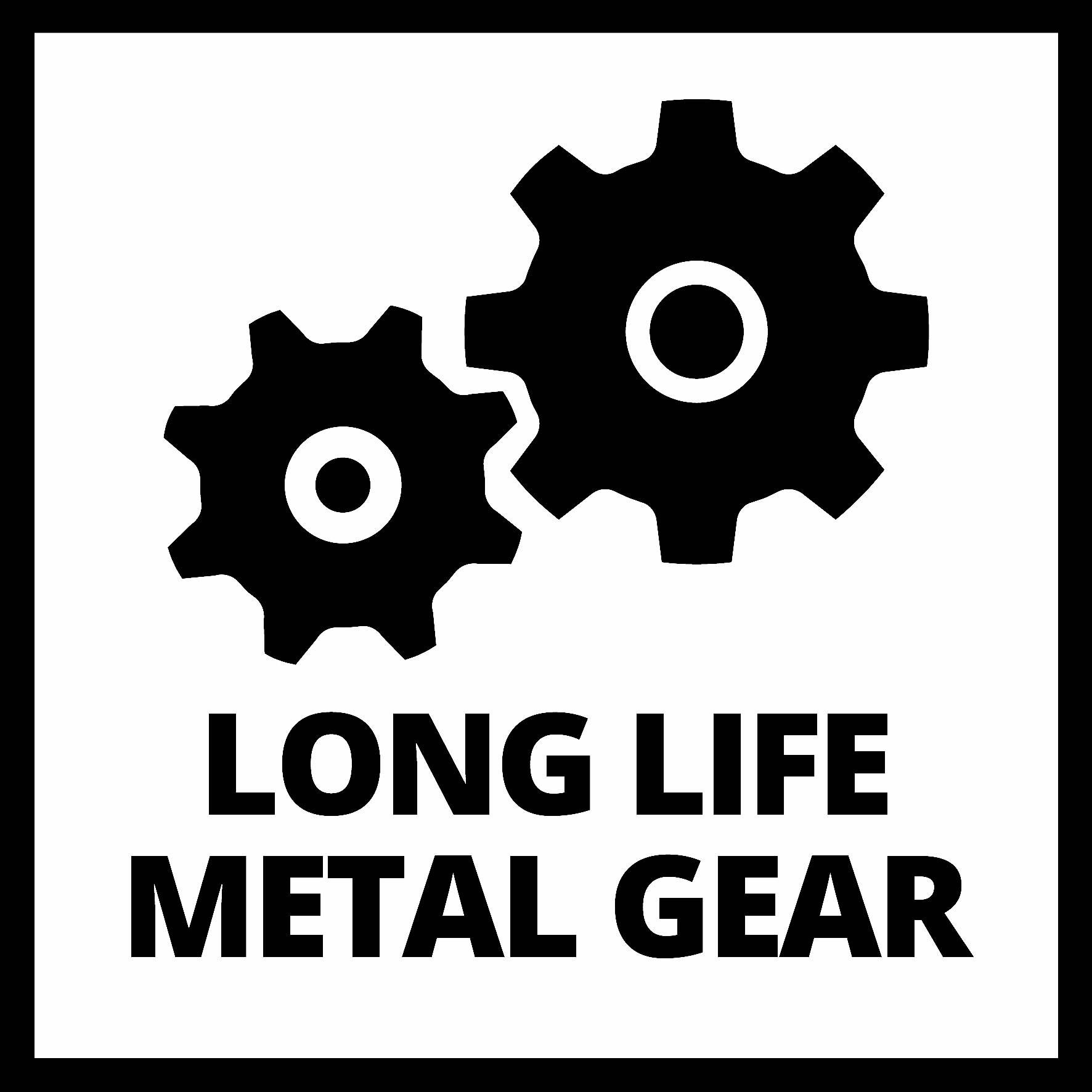 Två svarta kugghjul ovanför texten 'LONG LIFE METAL GEAR' på vit bakgrund.