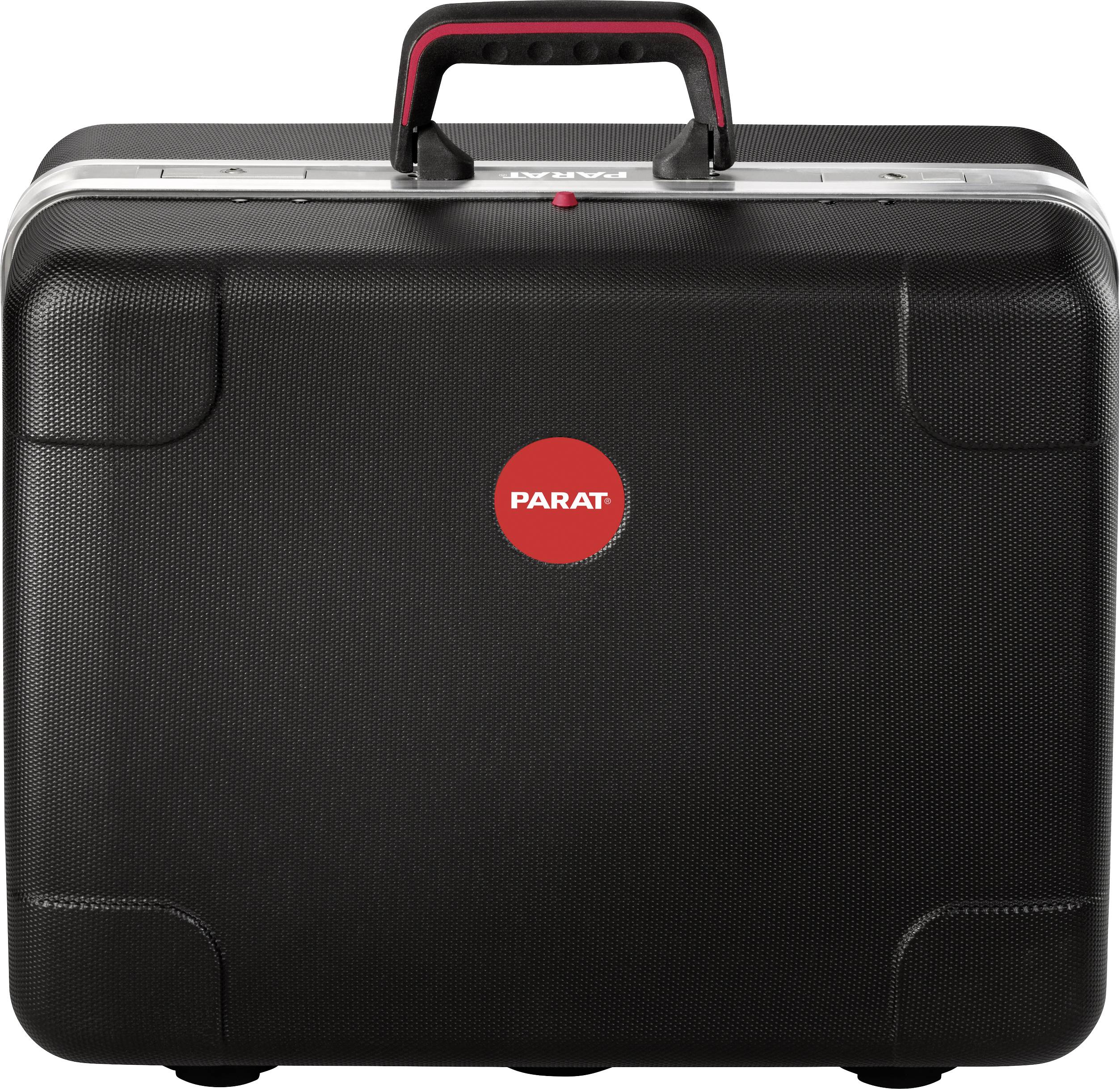 Svart hardcase-väska med röda accenter och en central röd logotyp som visar 'PARAT'. Bärhandtag på ovansidan.