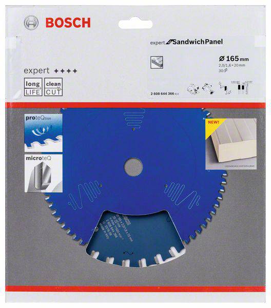 Sågblad för sandwichskivor från Bosch, Ø 165 mm, för precision och ren skärning. Förpackning med produktavbildning.