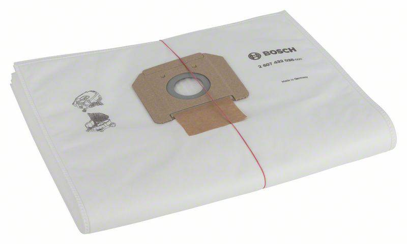 Dammsugarpåsar av papper med Bosch-logotyp och tryckt text '2 607 432 108-000', lämpliga för olika dammsugaremodeller.