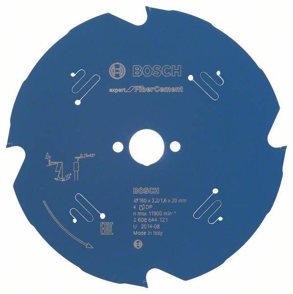 'Sågblad för fibercement från Bosch, diameter 160 mm, maximal varvtal 11.940 varv/min, 4 tänder, Tillverkad i Italien.'