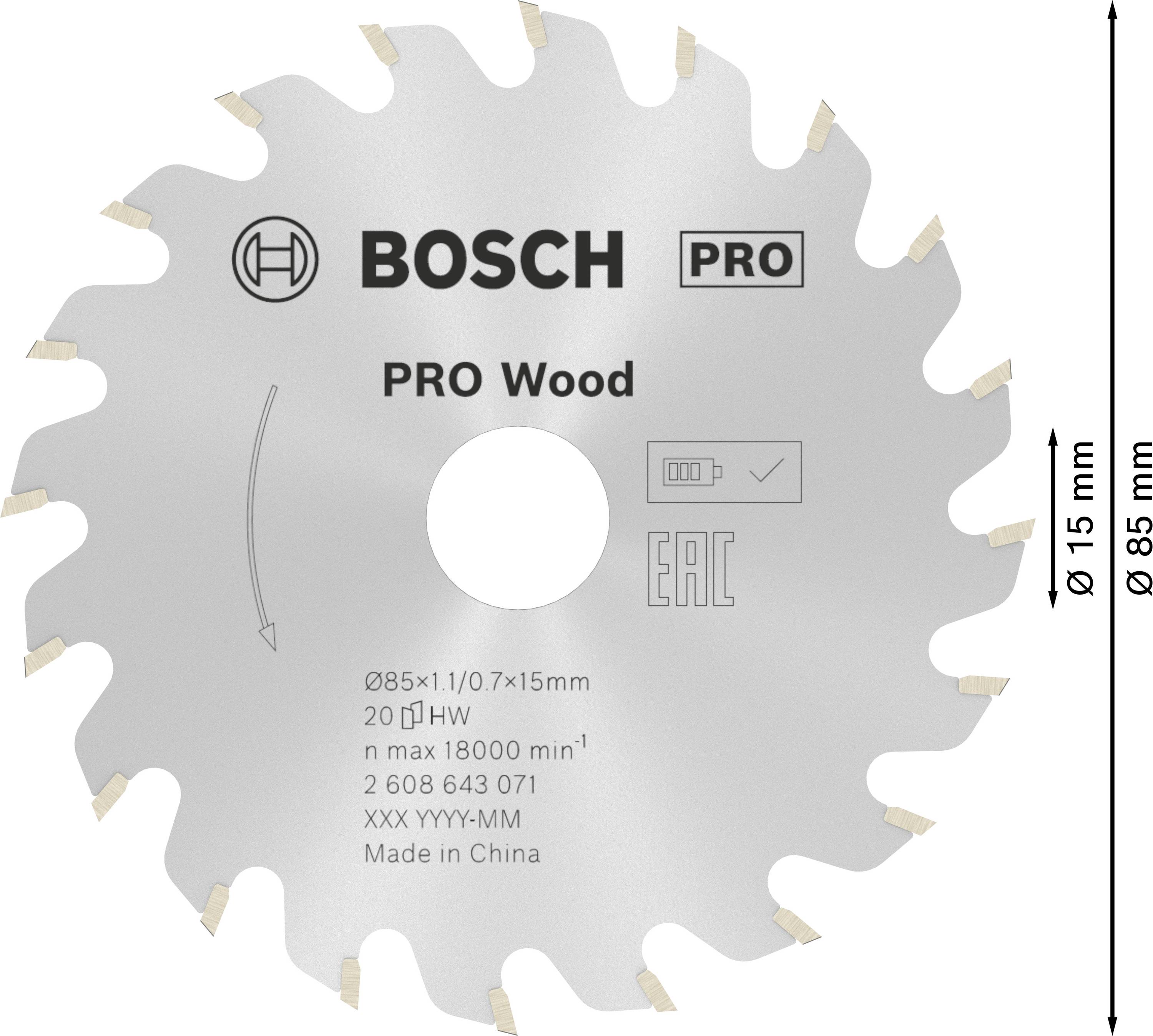 Cirkelsågblad med Bosch-logotyp och texten 'PRO Wood'. Diameter 85 mm, maximal varvtal 18000 min⁻¹, för trä.