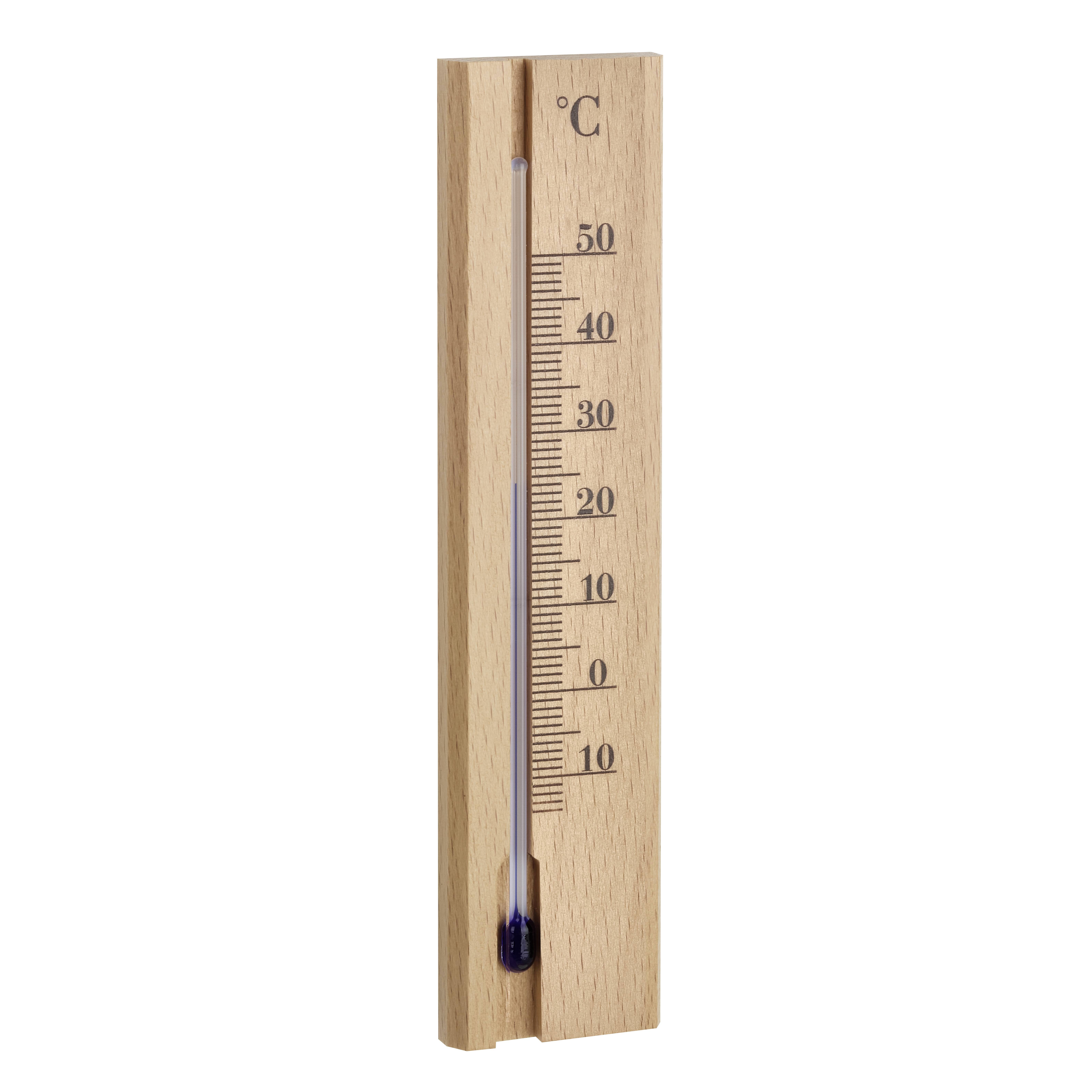 Trätermometer på vägg markerat i °C, som visar en mycket låg temperatur omkring negativ tio till tjugo grader.