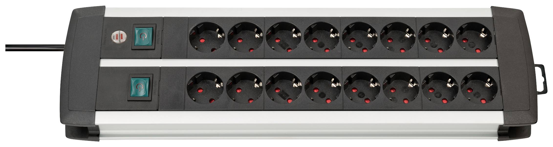 En grenuttag med sexton uttag och två på-/avstängningsbrytare, lämplig för anslutning av flera elektroniska enheter.