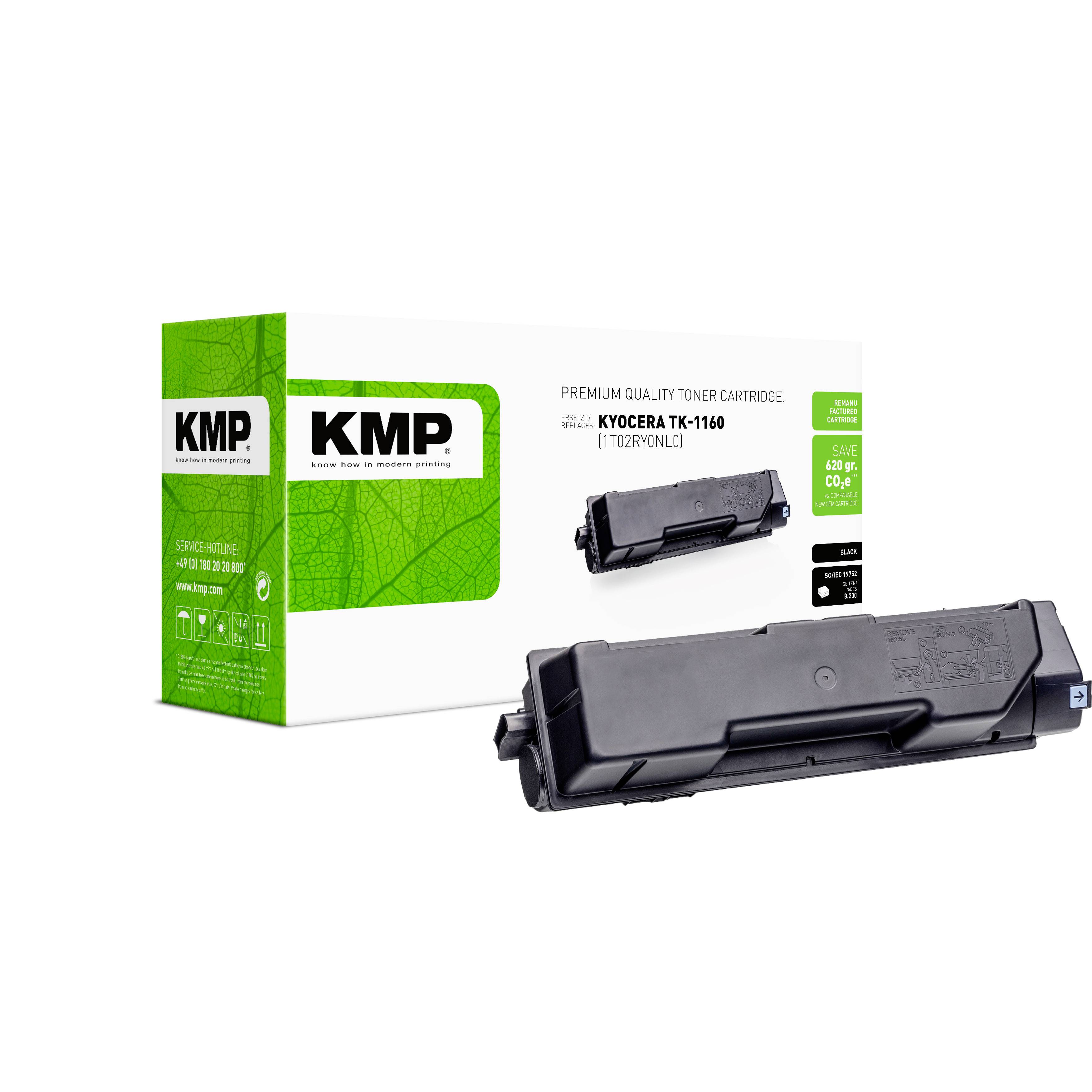 KMP premium kvalitetstoner för Kyocera TK-1160, visad med förpackning och tonerkassett på vit bakgrund.