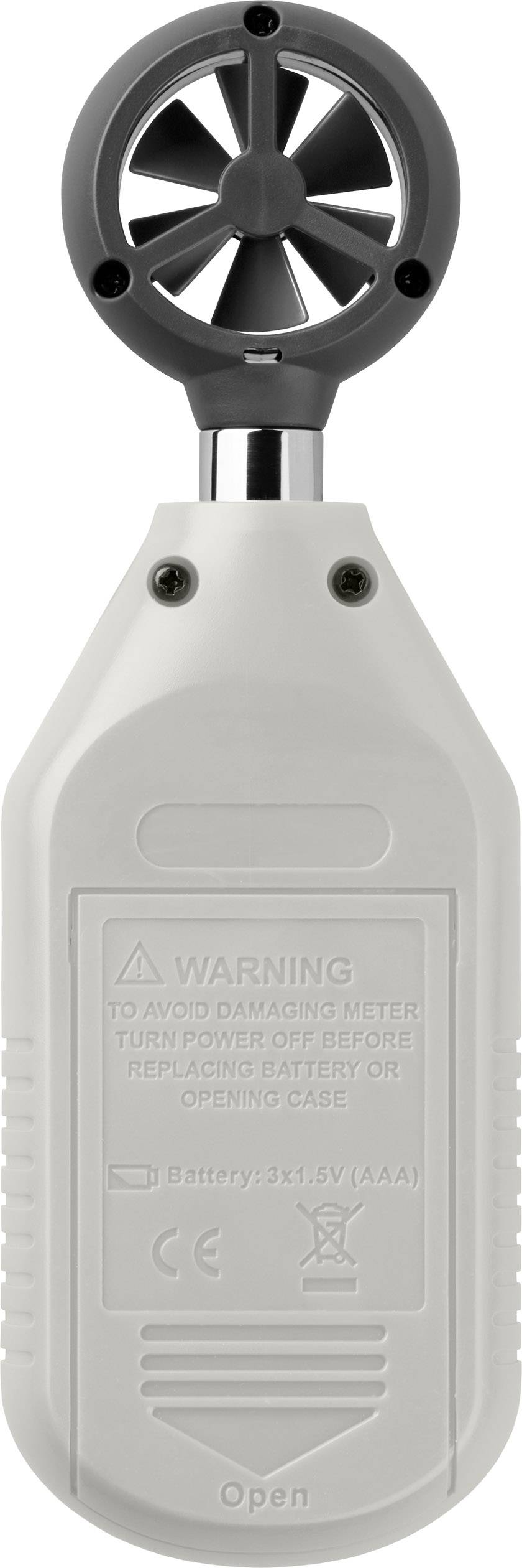 Baksidan av en bärbar vindmätare med en liten rotor längst upp. Varningsmeddelanden för batteriet på baksidan.