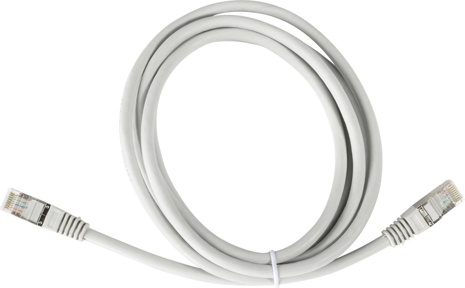 Ett grått nätverkskabel med RJ45-kontakter i båda ändar, upprullat och redo att användas för datornätverk.