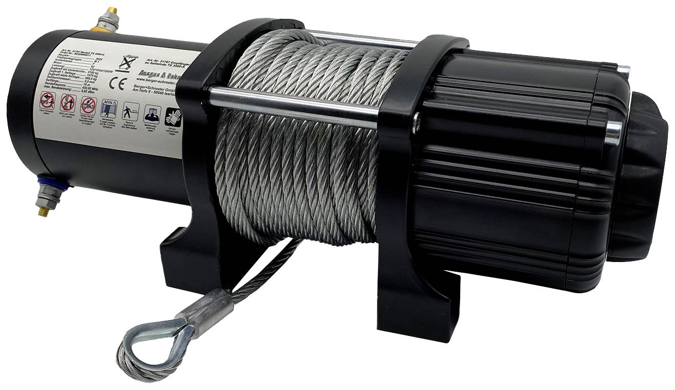 Elektrisk linspel med stålvajer och krok, monterad på ett svart fäste. Lämplig för bärgning och lasthantering.