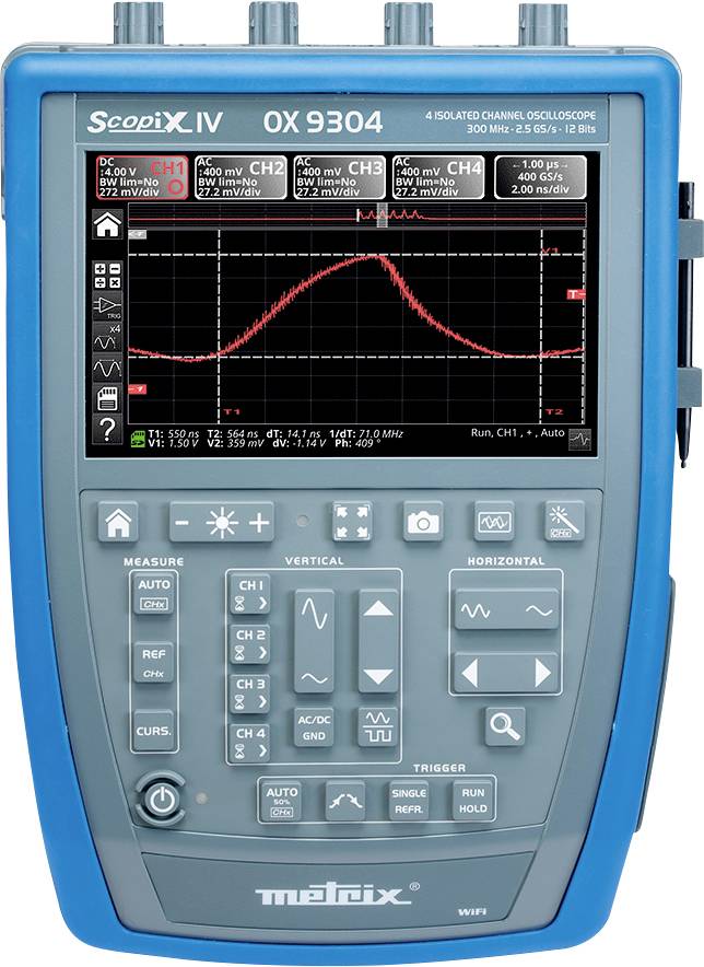 En bärbar oscilloskop med digitalt display visar en vågformsgrafik. Den har flera knappar för styrning och inställning.