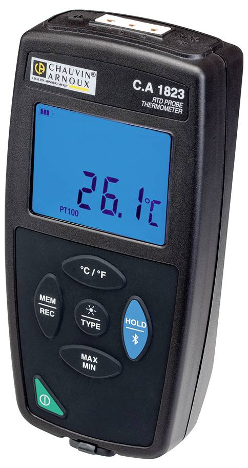 En RTD-termometer visar en temperatur på 26,1°C. Den har olika manöverknappar för funktioner och inställningar.