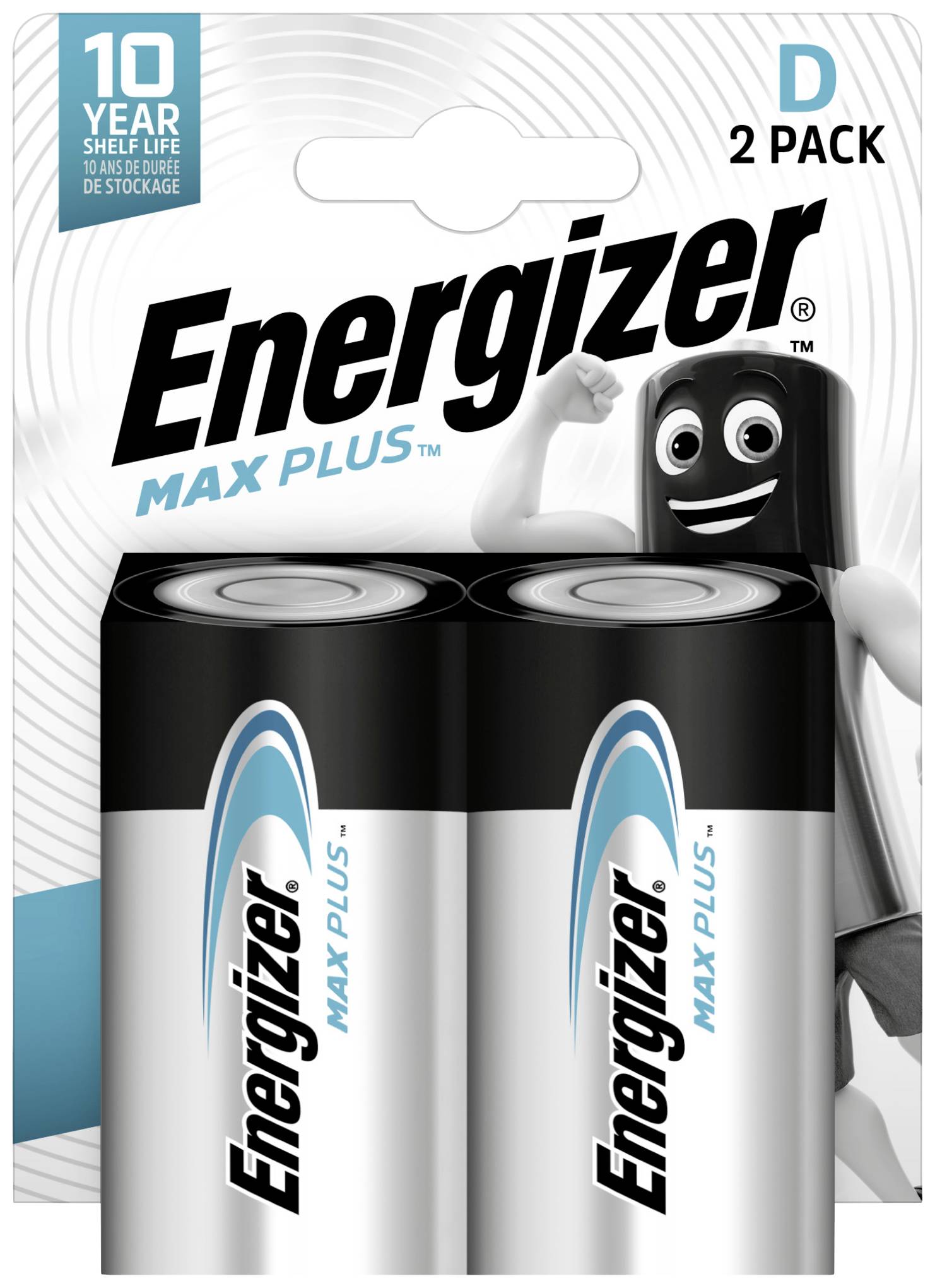 Två 'Energizer Max Plus' batterier i dubbelpack. Förpackningen betonar 10 år av hållbarhet. Maskotfiguren ler i bakgrunden.
