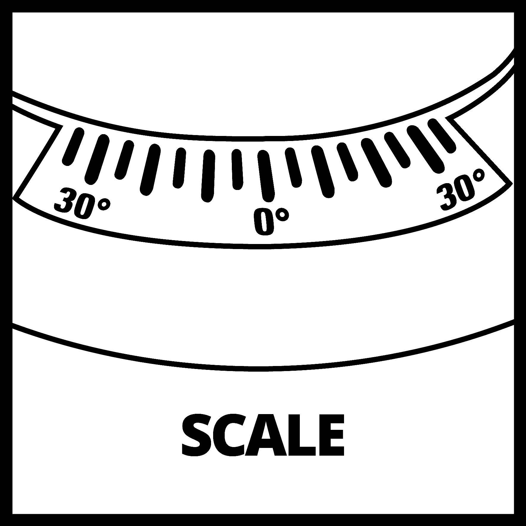 En vinkelmätare visar markerade vinklar vid 30°, 0° och 30°, under detta ordet 'Scale'.