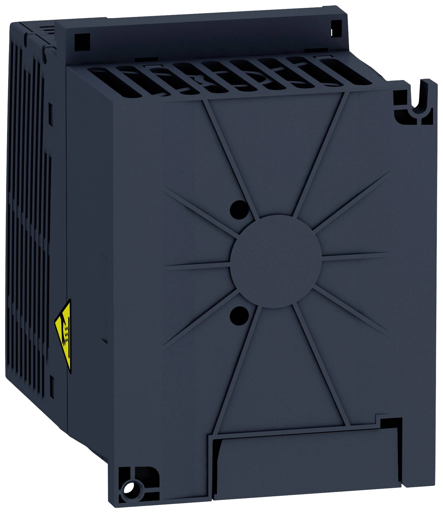 En svart elektronisk enhet med ventilationshål och en gul varningssymbol, sannolikt en elektrisk komponent.