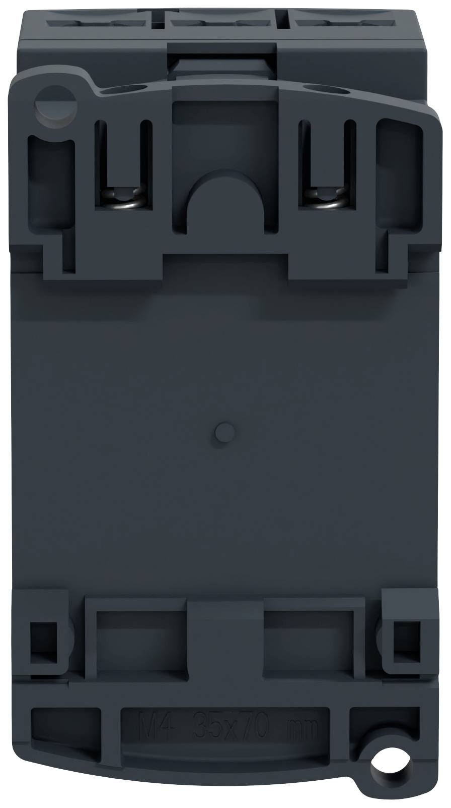 En grå elektrisk modul, rektangulär form med flera anslutningskontakter överst. Den är avsedd för montering på en DIN-skena.