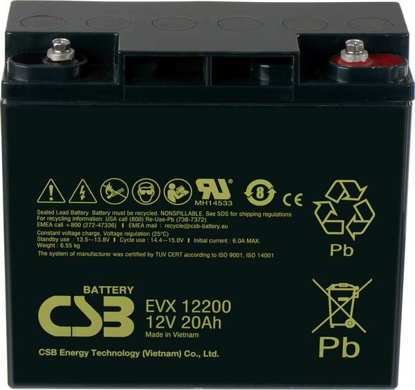 CSB Battery EVX 12200 Blybatteri 12 V 20 Ah Bly AGM (B x H x D) 181 x 167 x 76 mm M5-skruvanslutning Urladdningssäkra, Underhållsfri, Låg självurladdning