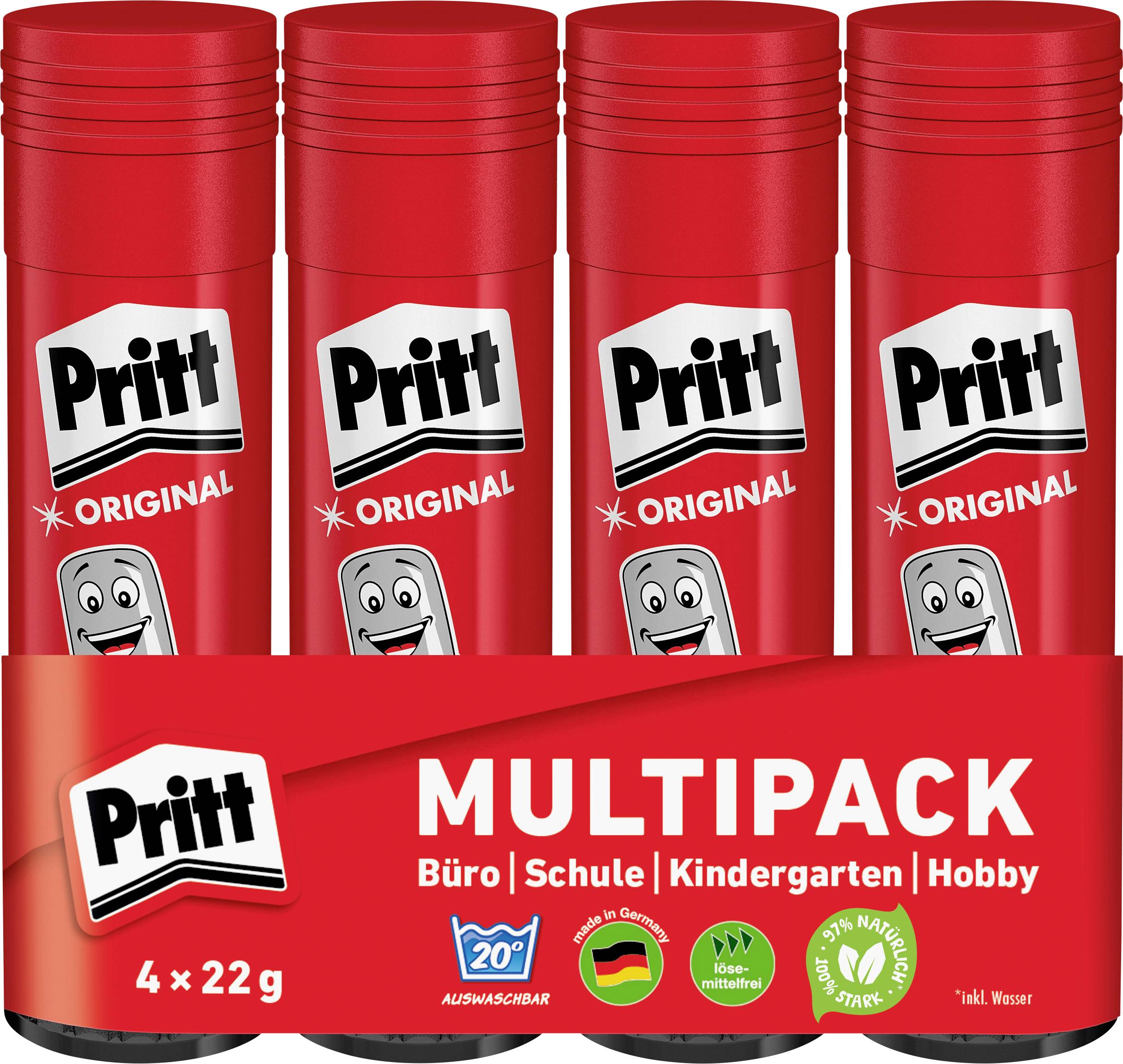 Fyra röda Pritt limpinnar i ett multipack, märkta 'Original.' Lämpliga för kontor, skola, förskola, hobbybruk. 4x22g.