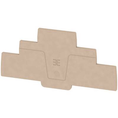 Beige, trelagers, trapetsformat byggelement med en central symbol.