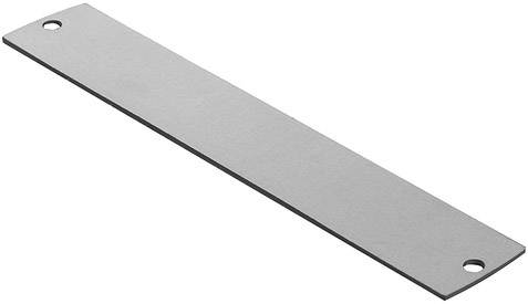 Ett rektangulärt metallark med två hål i ändarna, sannolikt för fästning. Ytan är slät och grå.