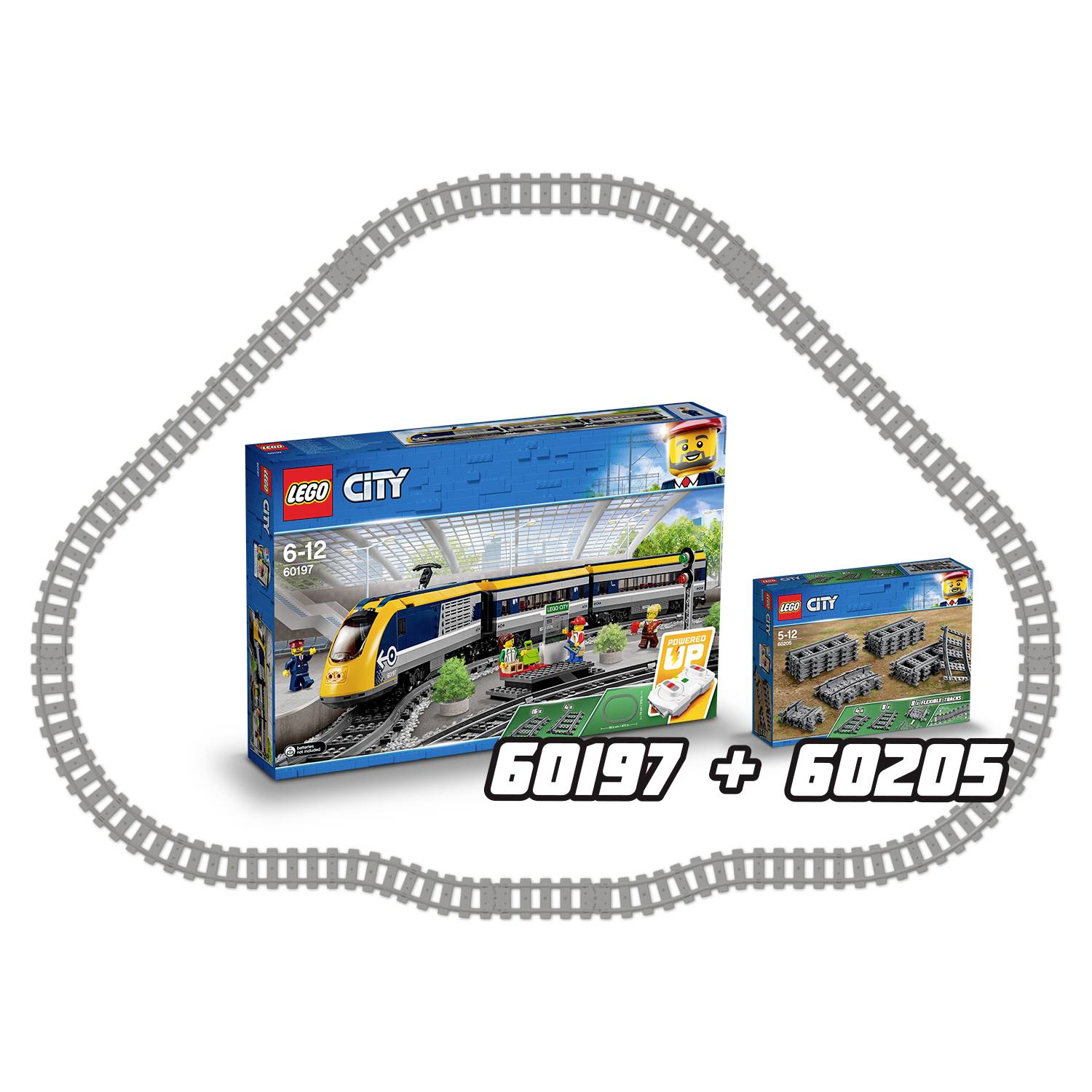 LEGO City Set 60197 och 60205: Innehåller ett passagerartåg och extra räls, avbildat framför ett spårlayout.