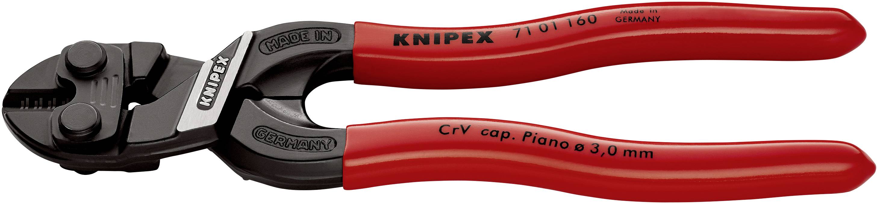 En röd Knipex bultsax av CrV-stål, lämplig för trådar upp till 3,0 mm, visar den robusta skärhuvudet och handtagen.