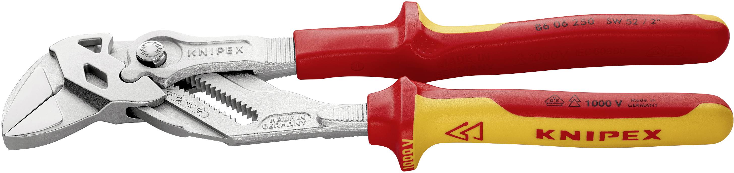 En röd tång med två handtag, märkt med Knipex-varumärket, lämplig för spänningar upp till 1000 V.