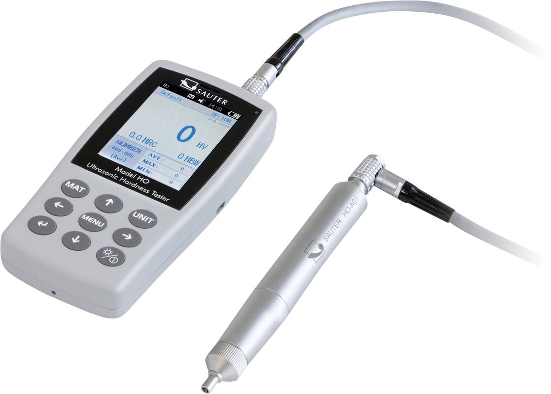 Bärbar ultraljudshårdhetsmätare med digitalt display, knappstyrd och med givare. Används för hållfasthetsmätningar.