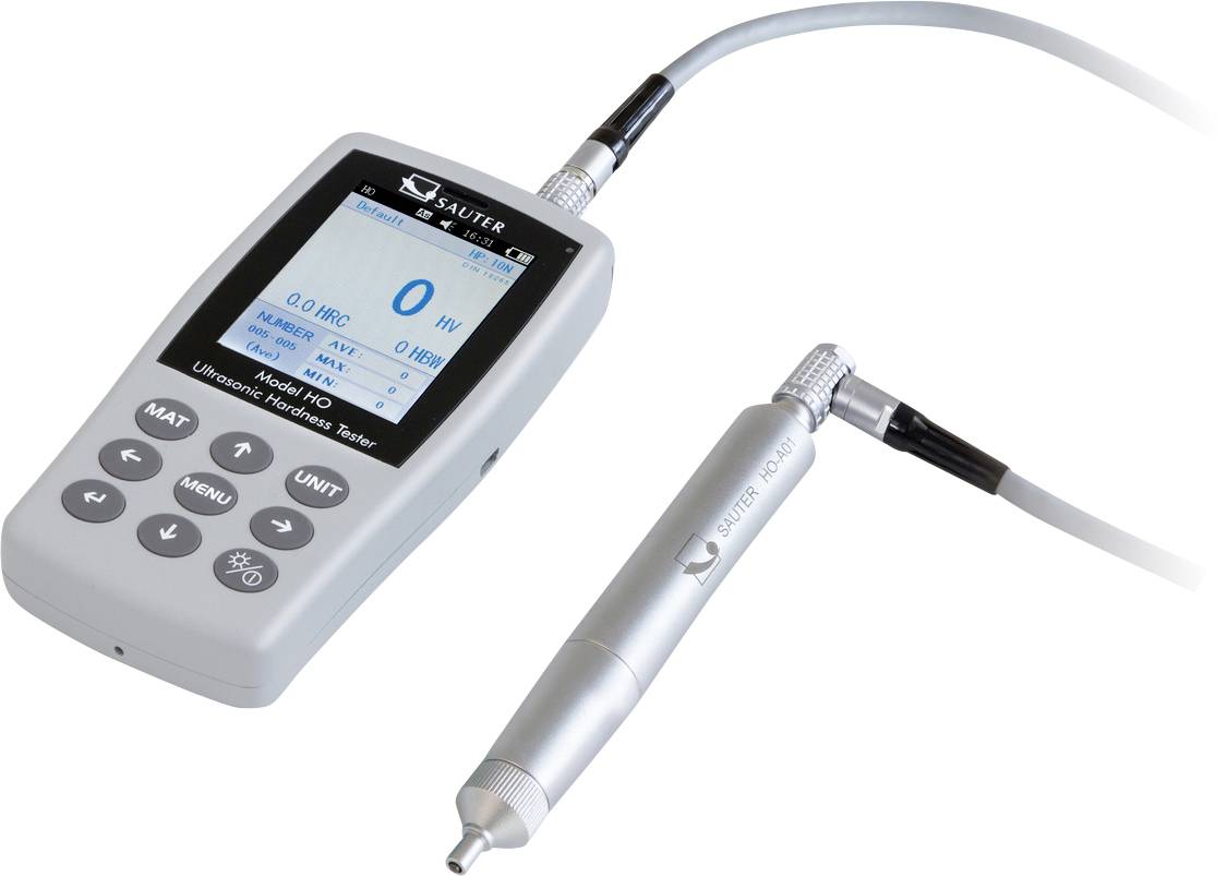 Bärbar ultraljudshårdhetsmätare med digitalt display och anslutet mätinstrument, lämplig för materialhårdhetsmätningar.
