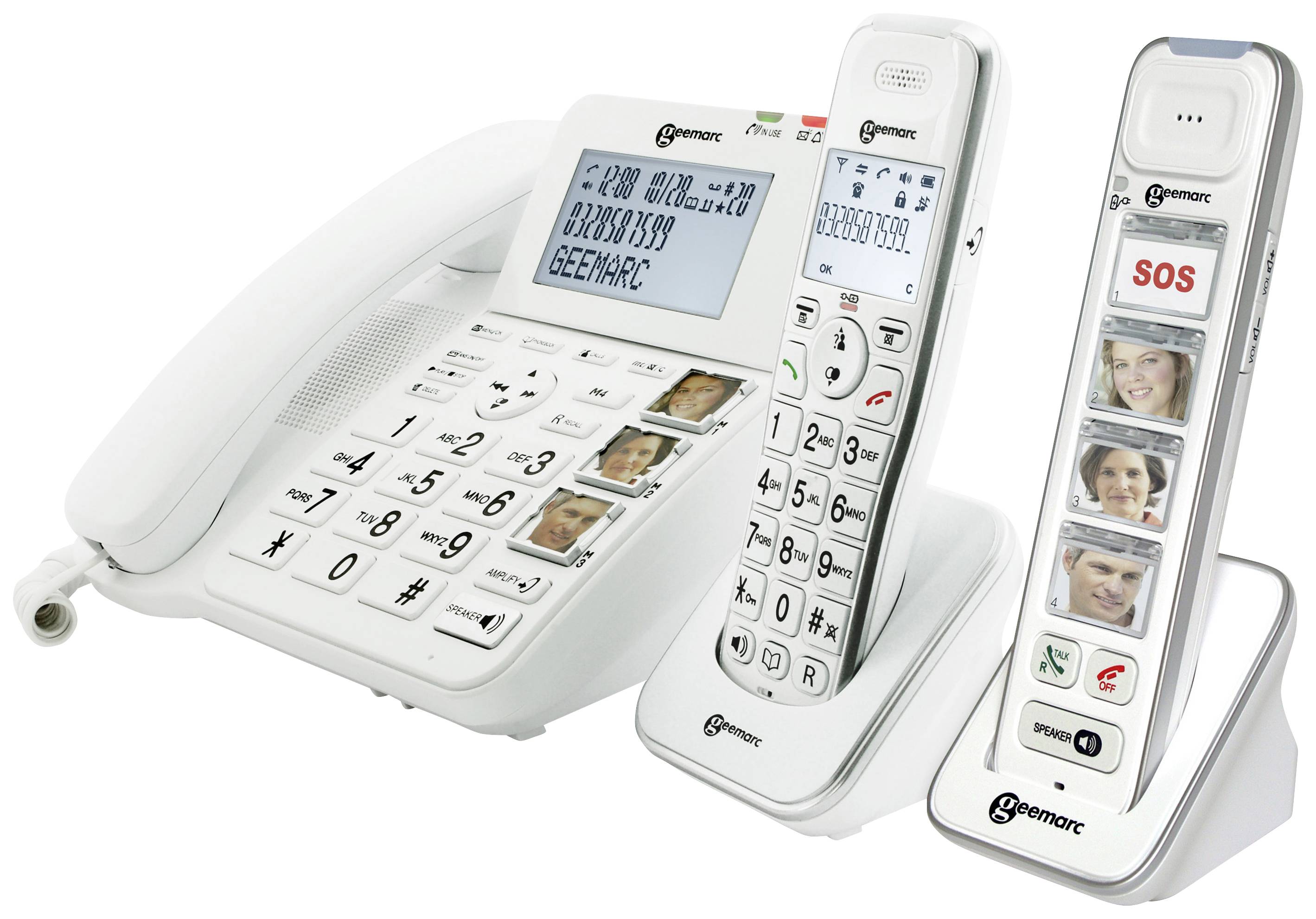 Tre telefoner med stora knappar och snabbvalsknappar med foton; ett av dem har en stor display för enkel avläsning. Perfekt för seniorer.