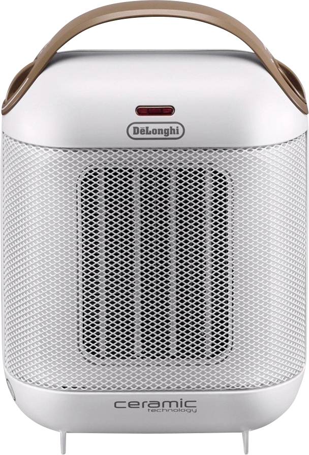 Liten bärbar keramisk fläktvärmare från DeLonghi med handtag, lämplig för personlig rumsuppvärmning.