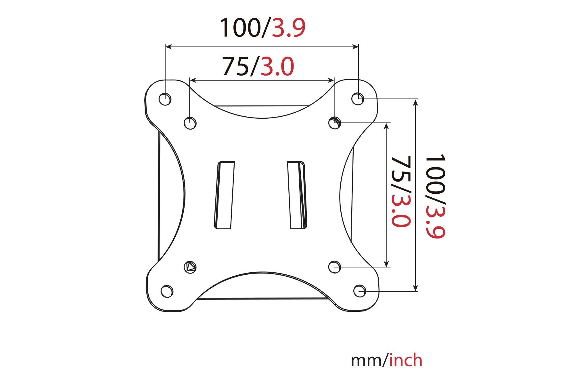 Figuren visar en VESA-fäste med dimensioner: 100x100 mm (3,9x3,9 tum) och 75x75 mm (3,0x3,0 tum).