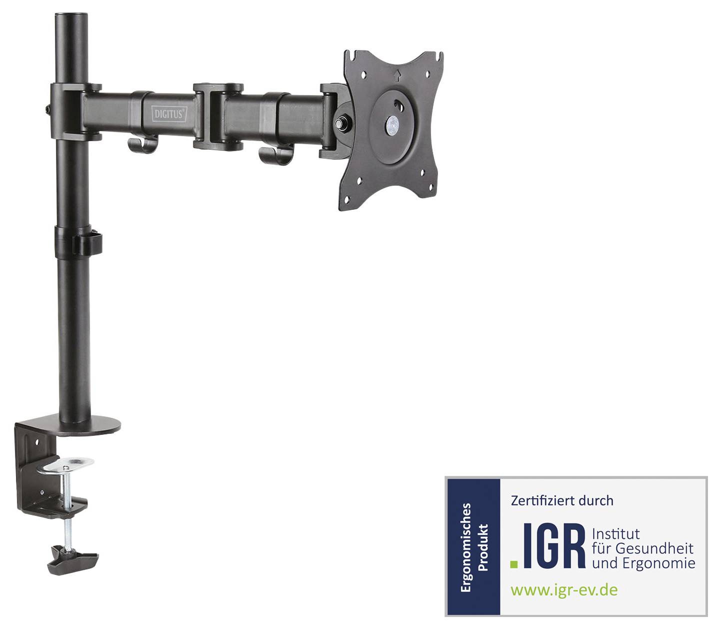 Metallmonitorhållare med svängbar arm, certifierad av IGR Institut för Hälsa och Ergonomi, för ergonomiskt arbete.