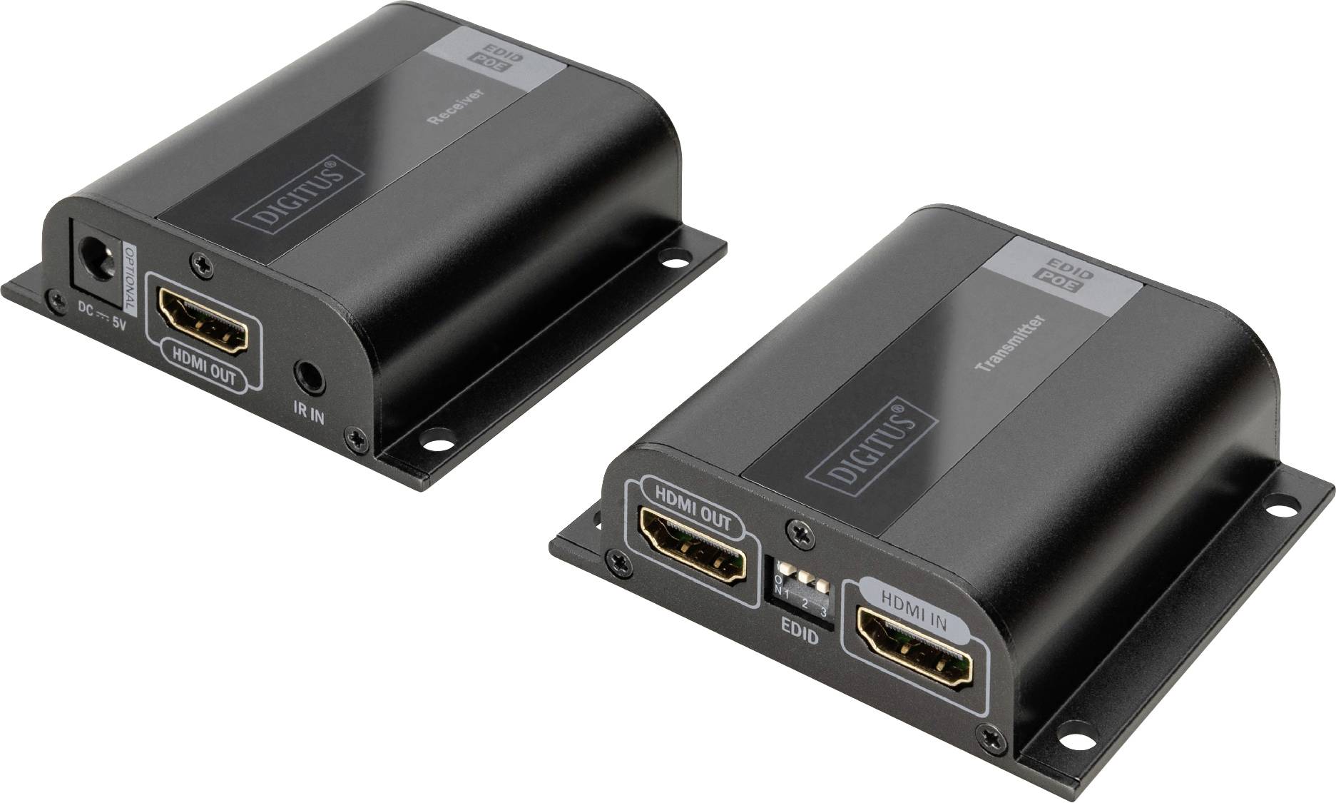 Ett HDMI-extenderkit med en sändare och en mottagare, båda svarta och kompakta, med varsin HDMI-ingång och -utgång.