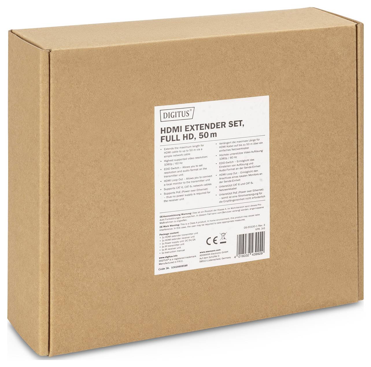 En brun kartong med en etikett som beskriver ett 'HDMI Extender Set, Full HD, 50 m' från Digitus.