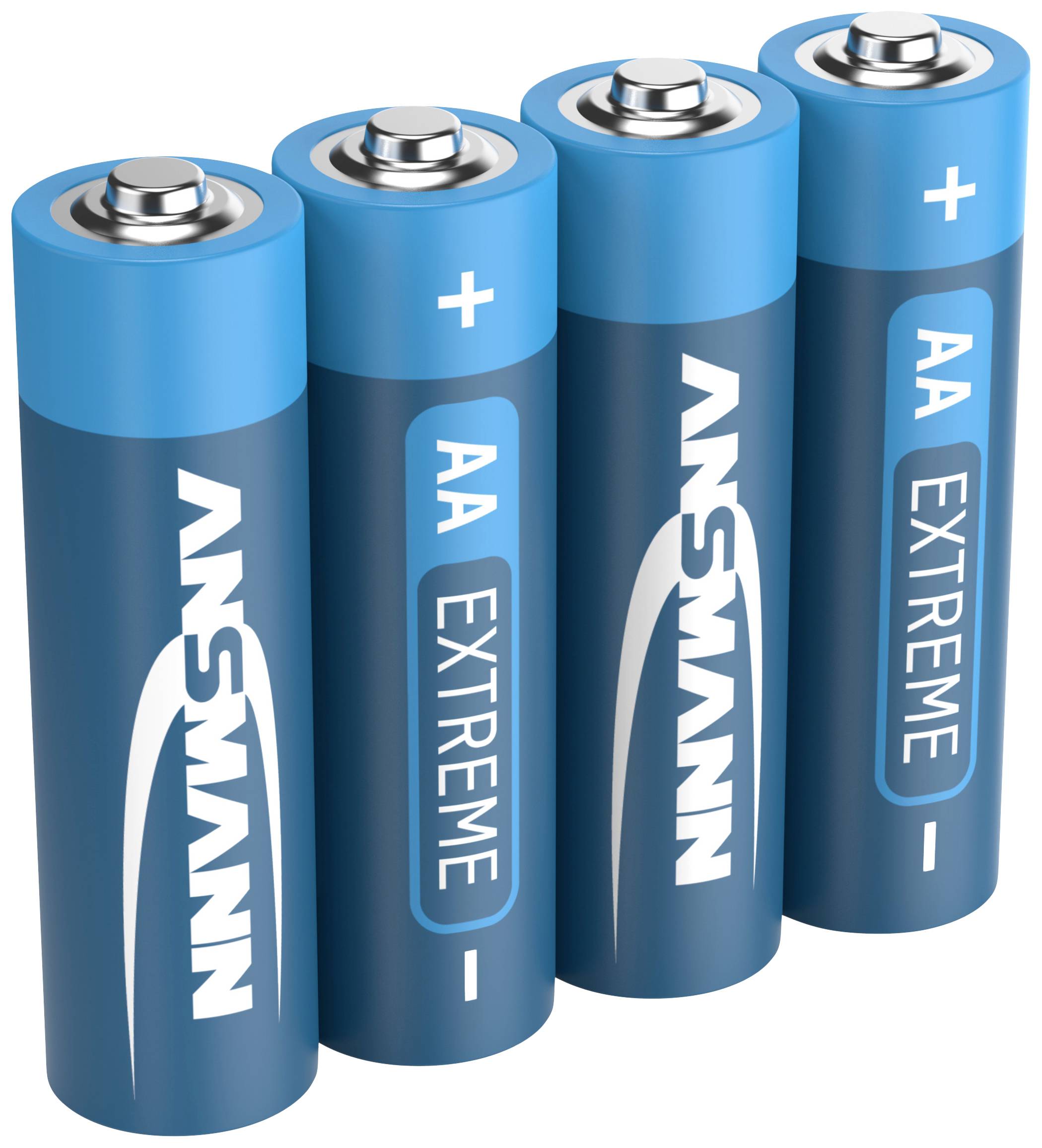 Fyra blå AA-batterier med texten 'Ansmann AA Extreme', placerade i en vertikal rad.