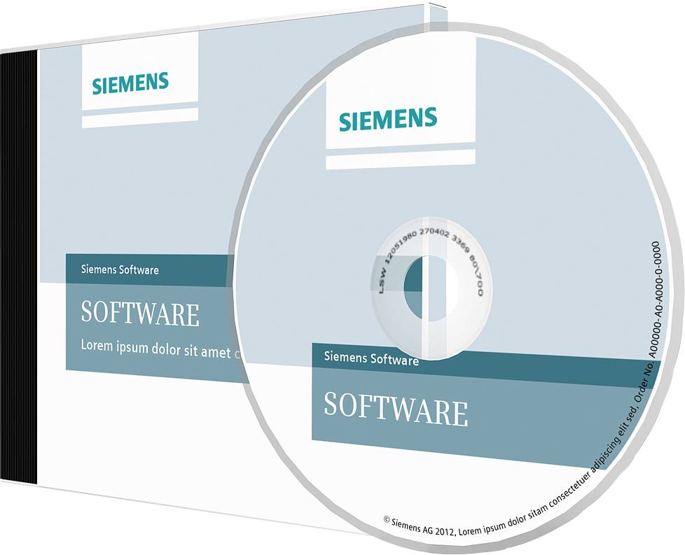 'Siemens Software' förpackning och CD. Huvudinnehåll: Programvara. Ytterligare detaljer: 'Lorem ipsum dolor sit amet consectetur', Siemens AG 2012.