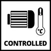 Symbol för temperaturreglering: Hölje med ränder till vänster, termometer med utropstecken till höger. Text 'CONTROLLED' under.
