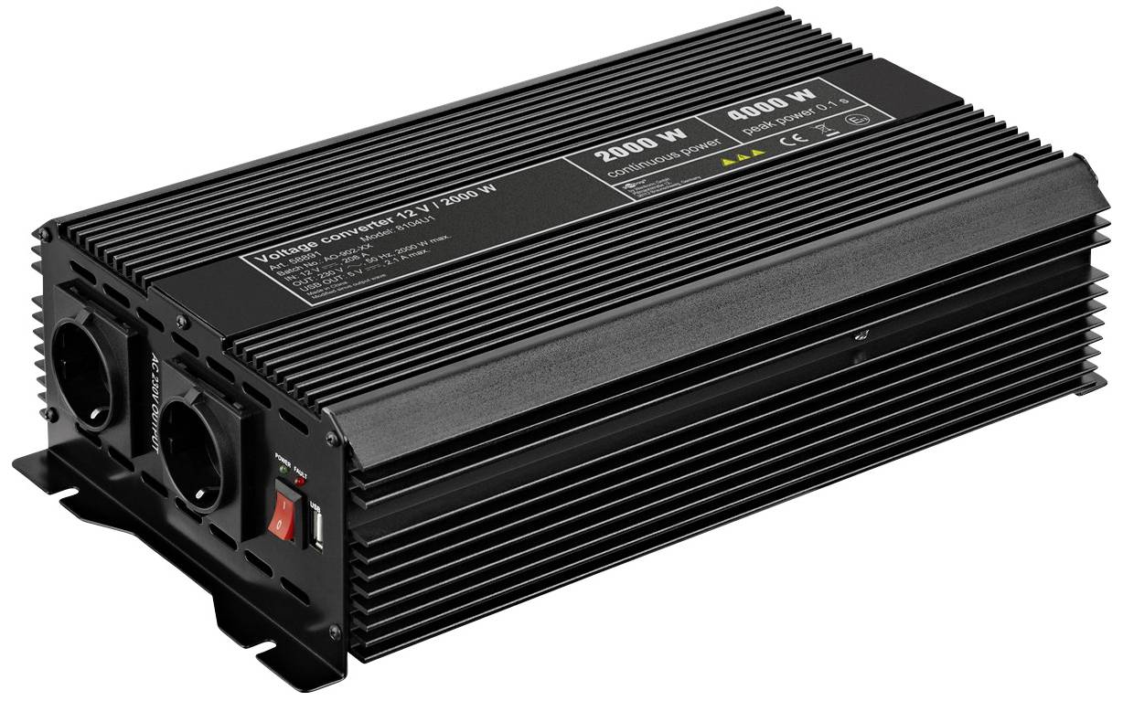 En svart spänningsomvandlare, 2500W maximal, med två eluttag och en på/av-switch, för strömomvandling från 12V till 230V.